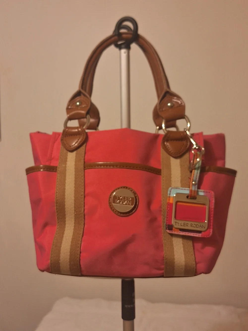 Tyler Rodan Coral Canvas Tote with Tan Trim and Multicolor Tag (13.5 X 8.5 X 4.5